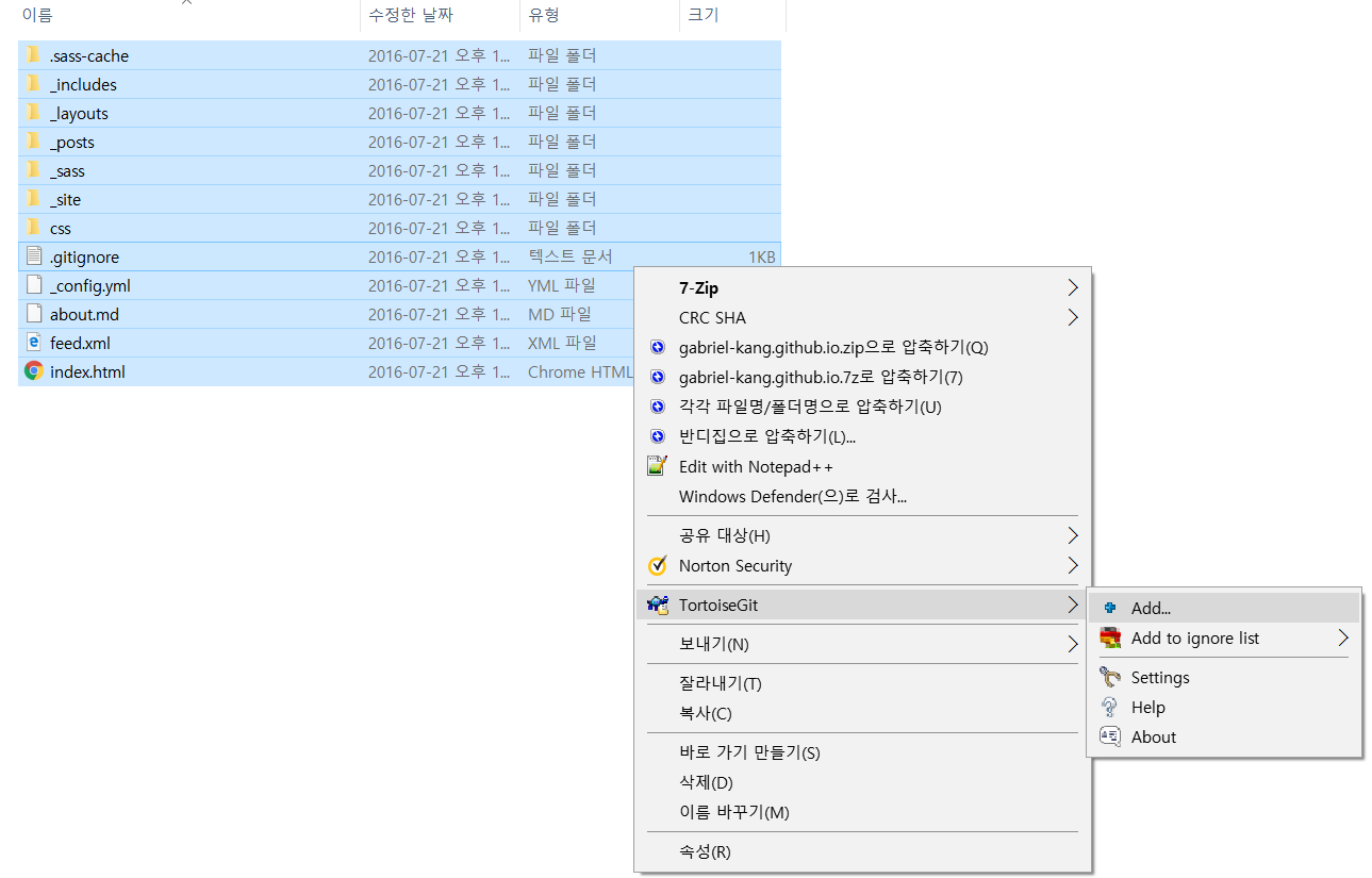 Tortoise Git에서 add 항목 선택