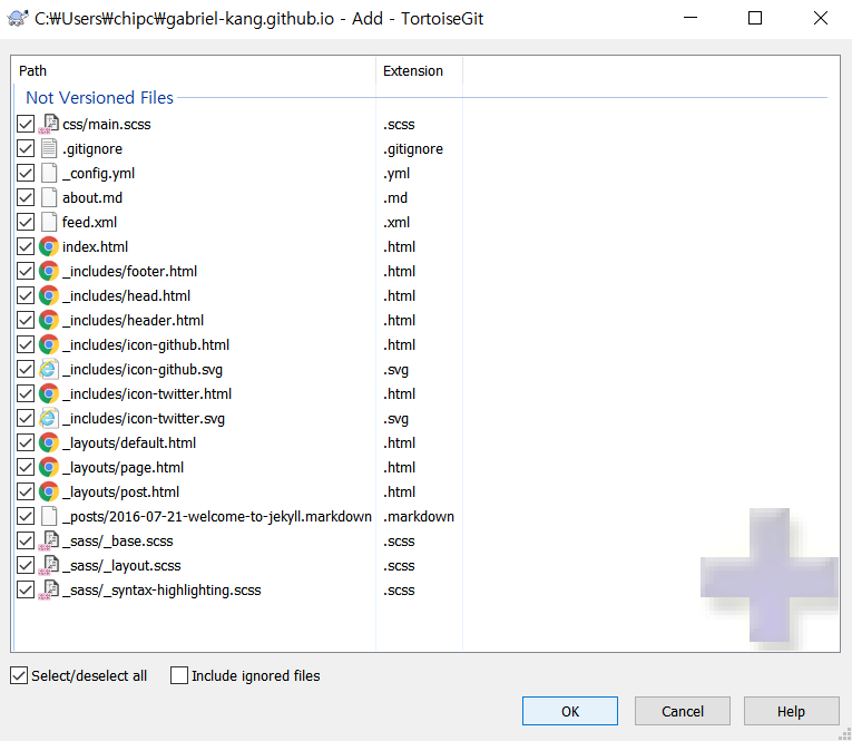 Tortoise Git add 메뉴에서 repository에 추가할 항목 선택